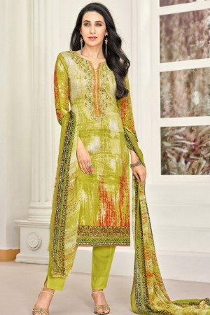 Karisma Kapoor Gorgeous Green Satin Printed Casual Wear Salwar Suit