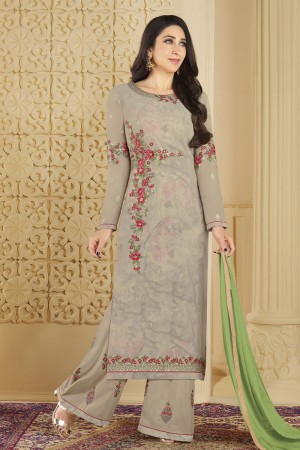 Karisma Kapoor Ultimate Grey Georgette Embroidered and Stone Work Plazo Party Wear Salwar Suit