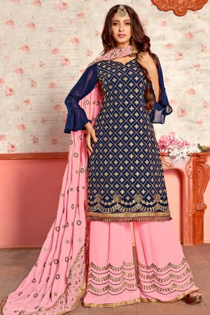 Charming Blue Georgette Embroidered Work Salwar Suit with Nazmin Dupatta