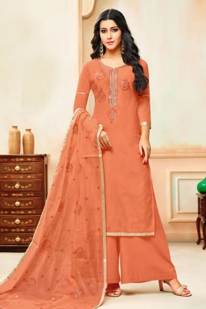Beautiful Rust Silk Designer Plazo Salwar Suit
