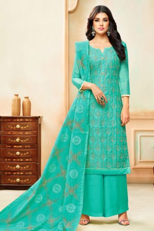 Charming Turquoise Silk Embroidered Designer Plazo Salwar Suit