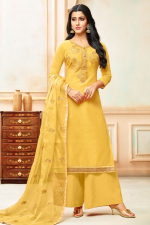 Lovely Yellow Silk Embroidered Designer Plazo Salwar Suit