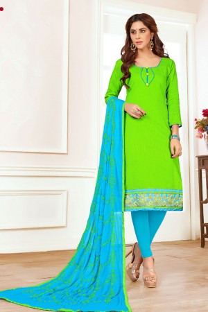 Stylish Green Cotton Embroidered Work Salwar Suit with Nazmin Dupatta