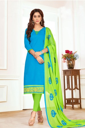 Graceful Sky Blue Cotton Embroidered Work Salwar Suit with Nazmin Dupatta
