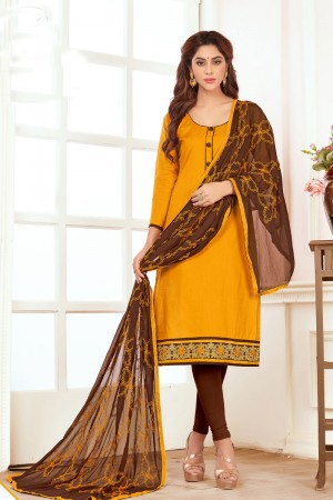 Classic Yellow Cotton Designer Salwar Suit with Nazmin Dupatta