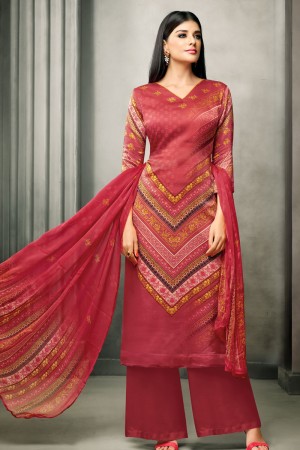 Gorgeous Red Satin Designer Embroidered Work Plazo Salwar Suit With Nazmin and Chiffon Dupatta