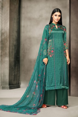 Supreme Green Satin Embroidered Work Plazo Salwar Suit With Nazmin and Chiffon Dupatta