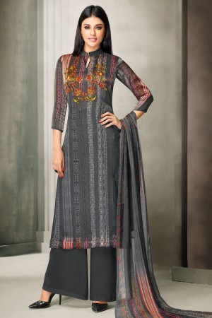 Admirable Grey Satin Designer Embroidered Work Plazo Salwar Suit