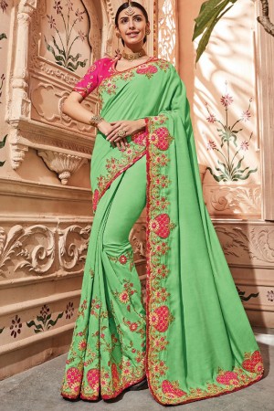 Pretty Green Silk Designer Embroidered Bridesmaid Saree