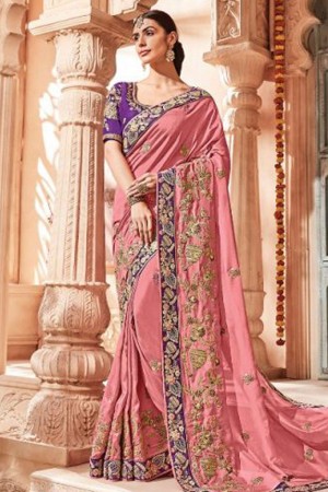 Desirable Peach Silk Designer Embroidered Bridesmaid Saree