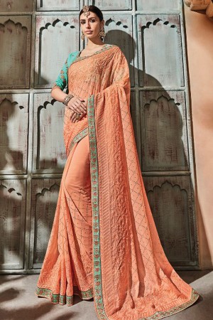 Stylish Orange Silk Designer Embroidered Bridesmaid Saree