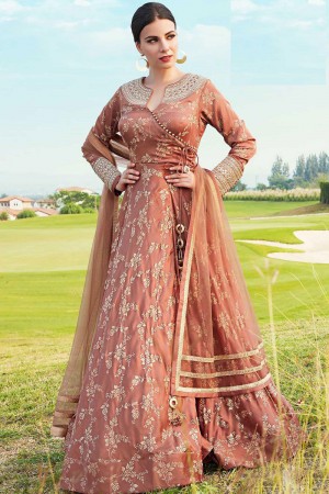 Optimum Rust Silk Embroidered Long Length Designer Gown