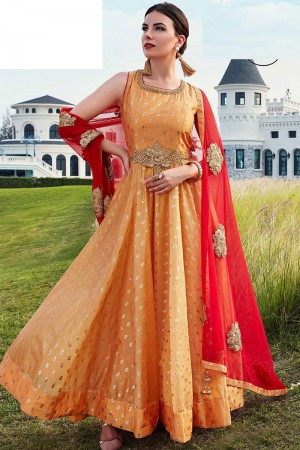 Desirable Orange Silk Long Length Designer Gown