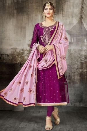 Desirable Purple Silk Embroidered Designer Salwar Suit With Georgette Dupatta