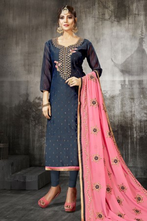 Charming Navy Blue Silk Embroidered Designer Salwar Suit With Georgette Dupatta