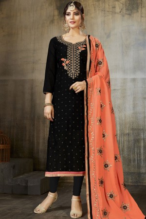 Beautiful Black Silk Embroidered Designer Salwar Suit With Georgette Dupatta