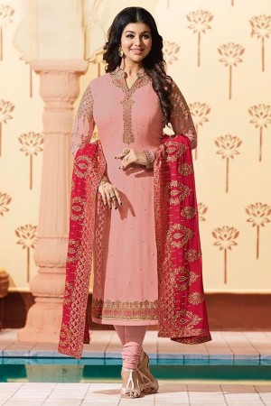 Ayesha Takiya Lovely Peach Georgette Embroidered Designer Salwar Suit With Georgette Dupatta