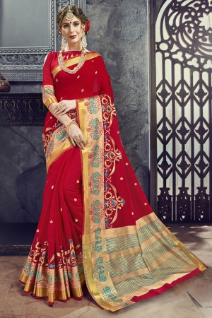 Pretty Red Cotton and Silk Embroidered Saree With Cotton and Silk Blouse