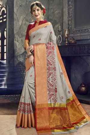 Supreme Grey Cotton and Silk Embroidered Saree With Cotton and Silk Blouse
