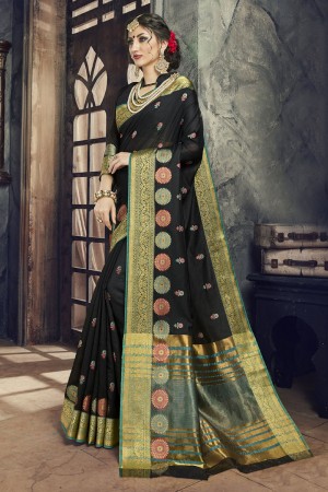Gorgeous Black Cotton and Silk Embroidered Saree With Cotton and Silk Blouse