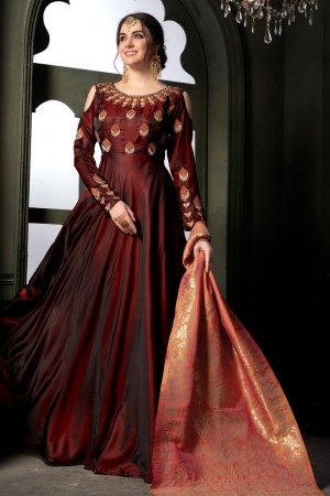 Stylish Maroon Silk Embroidered Designer Anarkali Salwar Suit With Banarasi Silk Dupatta