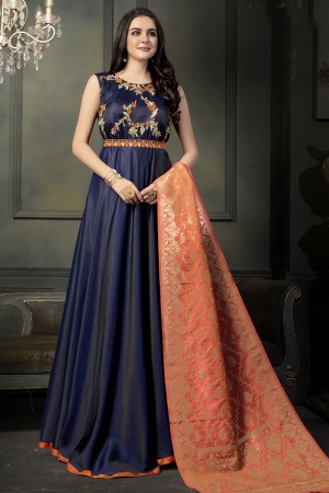 Gorgeous Navy Blue Silk Embroidered Designer Anarkali Salwar Suit With Banarasi Silk Dupatta