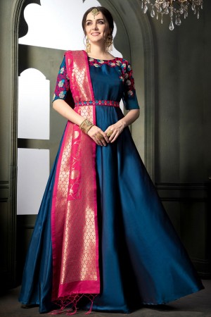 Excellent Royal Blue Silk Embroidered Designer Anarkali Salwar Suit With Banarasi Silk Dupatta