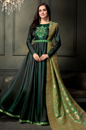 Pretty Green Silk Embroidered Designer Anarkali Salwar Suit With Banarasi Silk Dupatta
