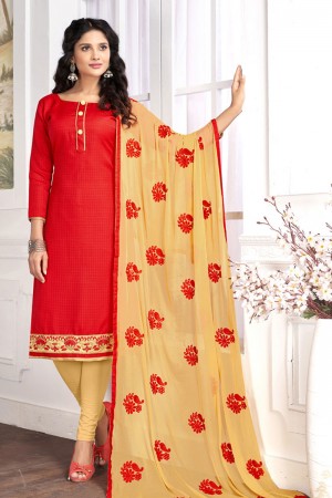 Gorgeous Red Cotton Designer Salwar Suit with Nazmin Dupatta