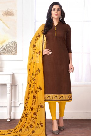 Admirable Brown Cotton Designer Salwar Suit with Nazmin Dupatta