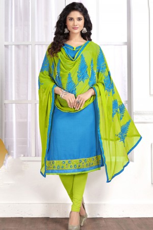 Lovely Sky Blue Cotton Designer Embroidered Work Salwar Suit with Nazmin Dupatta
