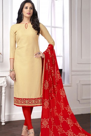 Desirable Beige Cotton Embroidered Work Salwar Suit