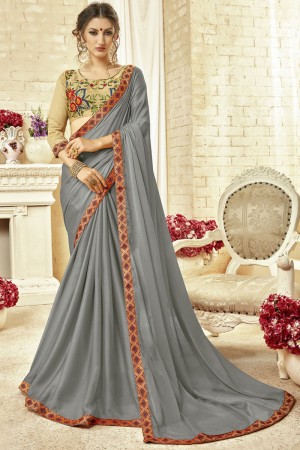 Gorgeous Grey Fancy Fabric Embroidered Saree With Fancy Fabric Blouse