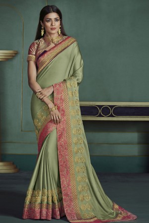 Pretty Green Art Silk Embroidered Designer Saree With Banglori Silk Blouse