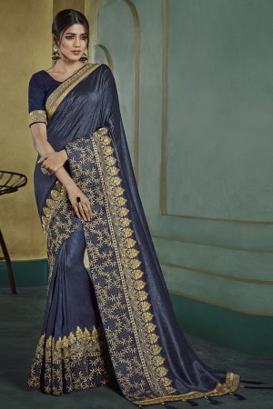 Excellent Navy Blue Art Silk Embroidered Designer Saree With Banglori Silk Blouse