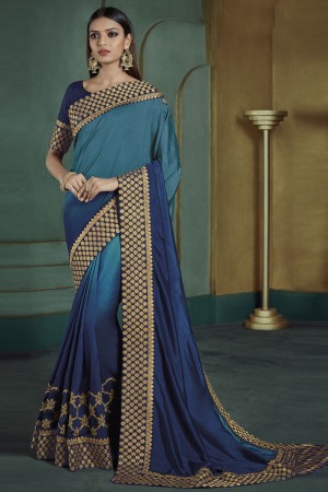 Gorgeous Blue Art Silk Embroidered Designer Saree With Banglori Silk Blouse