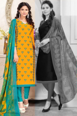 Stylish Yellow Cotton Embroidered Work Salwar Suit