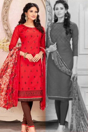 Pretty Red Cotton Designer Salwar Suit with Chiffon Dupatta 