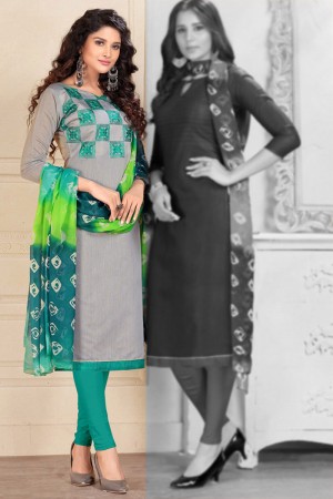 Ultimate Grey Cotton Designer Salwar Suit with Chiffon Dupatta