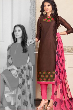 Lovely Brown Chanderi Designer Embroidered Work Salwar Suit with Chiffon Dupatta