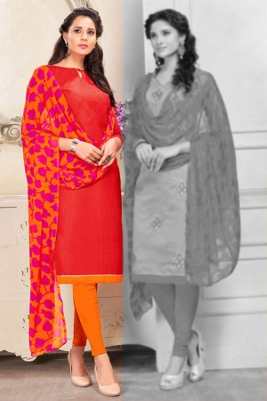 Desirable Red Cotton Designer Salwar Suit with Chiffon Dupatta
