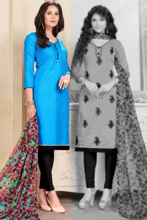 Supreme Blue Cotton Designer Salwar Suit with Chiffon Dupatta