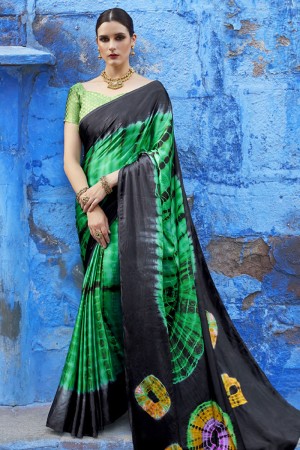Classic Green and Black Satin Printed Designer Saree With Brocade Blouse