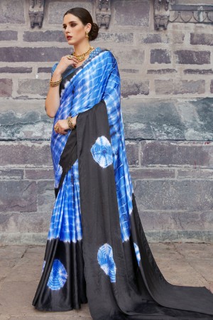 Lovely Blue and Black Satin Printed Designer Saree With Brocade Blouse