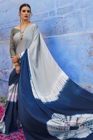 Gorgeous Navy Blue and Grey Satin Printed Designer Saree With Brocade Blouse