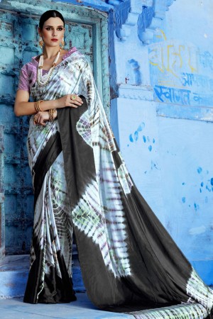 Charming Sky Blue and Black Satin Printed Designer Saree With Brocade Blouse