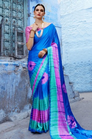 Pretty Blue Satin Printed Designer Saree With Brocade Blouse
