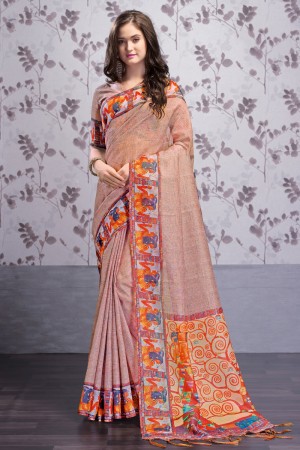 Beautiful Brown Art Silk Printed Designer Saree With Art Silk Blouse
