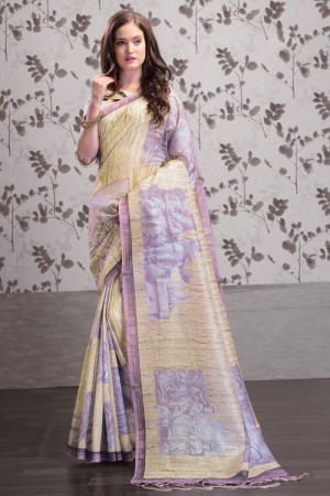 Admirable Cream Art Silk Printed Designer Saree With Art Silk Blouse