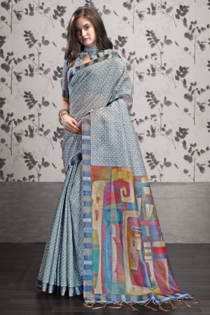 Charming Grey Art Silk Printed Designer Saree With Art Silk Blouse